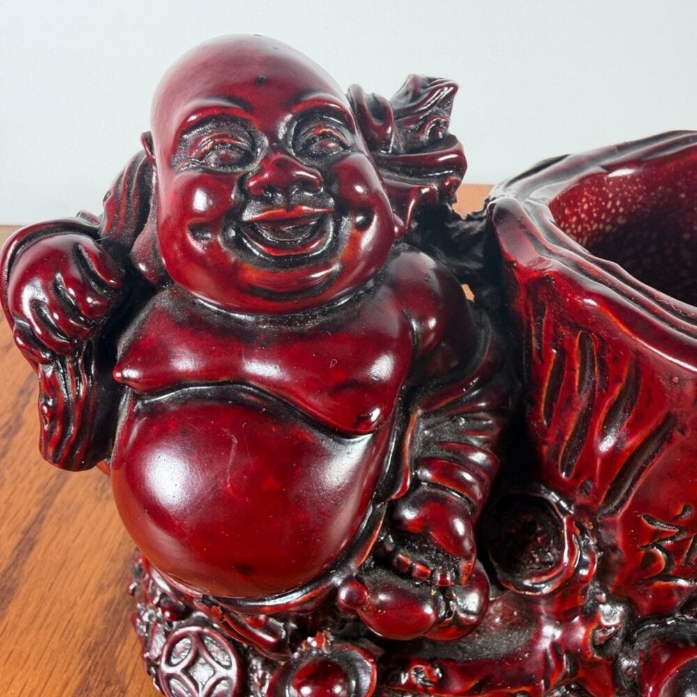 Vintage Red Cinnabar Style Laughing Buddha Pen Holder